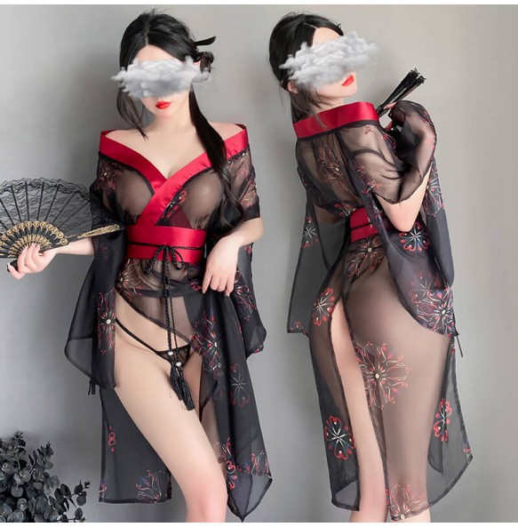 FEE ET MOI - Sexy Japanese Floral Print Kimono (Black Red)